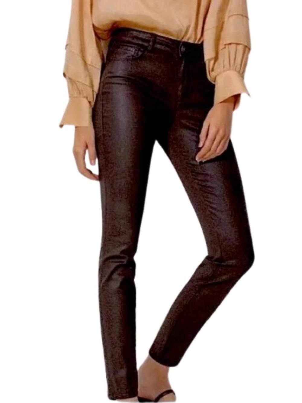 Massimo Dutti Coated Skinny Pants US 6 Black Leather Look Stretch